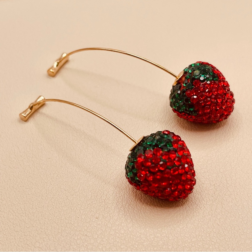 Strawberry Red and Green CZ Crystals Stud Drop Threader Earrings